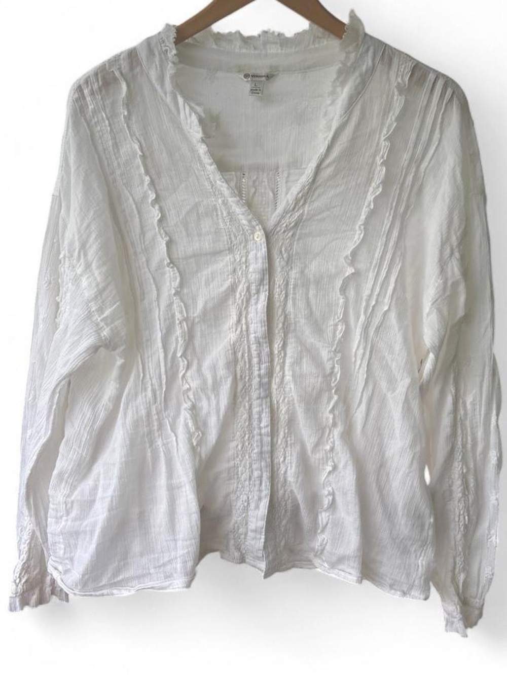 Vintage Romantic Feminine White Ruffled Button-Front Blouse w Lace Cottagecore L